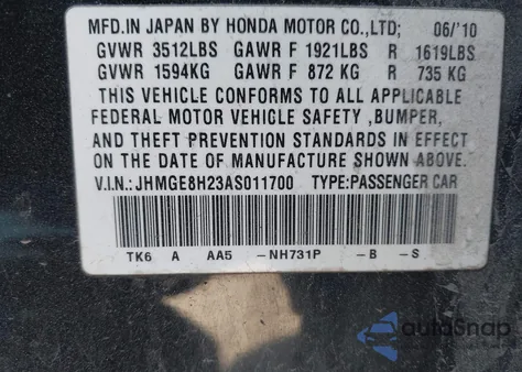 2010 Honda Fit z USA, uszkodzony, nr VIN JHMGE8H23AS011700